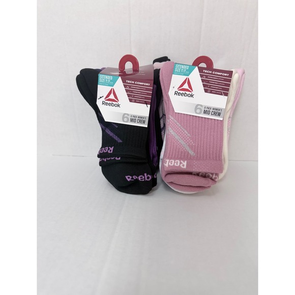Reebok Accessories - Reebok Womens Tech Comfort Mid Crew Socks 12 Pack Extended Size 9-12 Black Pink